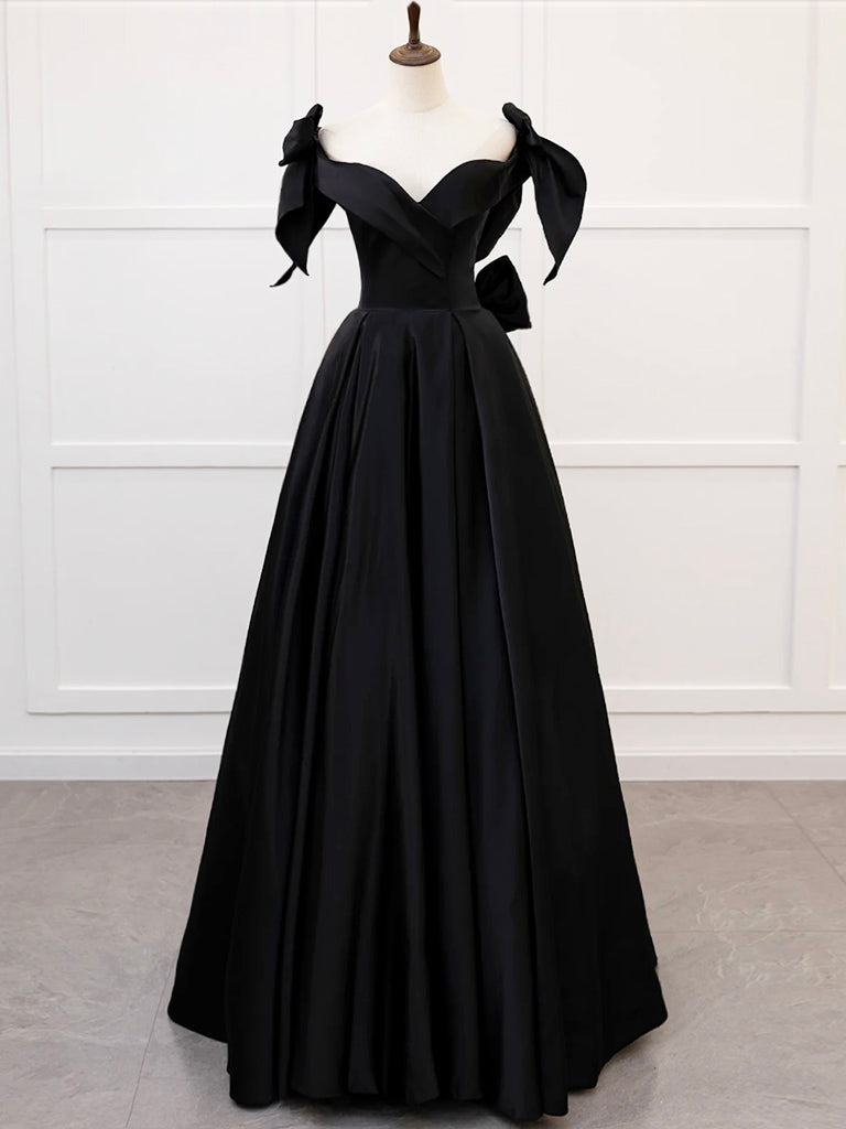 A-Line Satin Long Prom Dress, Black Off the Shoulder Evening Party Dress US 10 / Black A-Line Satin Long Prom Dress, Black Off the Shoulder Evening Party Dress US 10 / Black