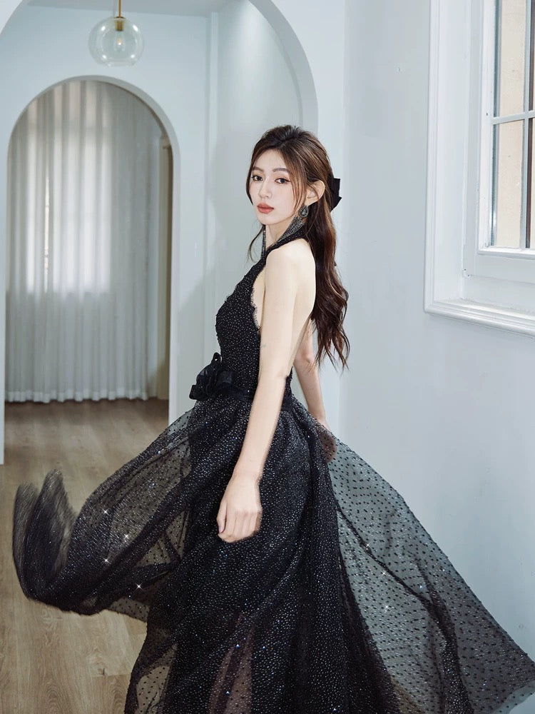 A-Line V Neck Tulle Floor Length Black Prom Dress, Black Party Dress