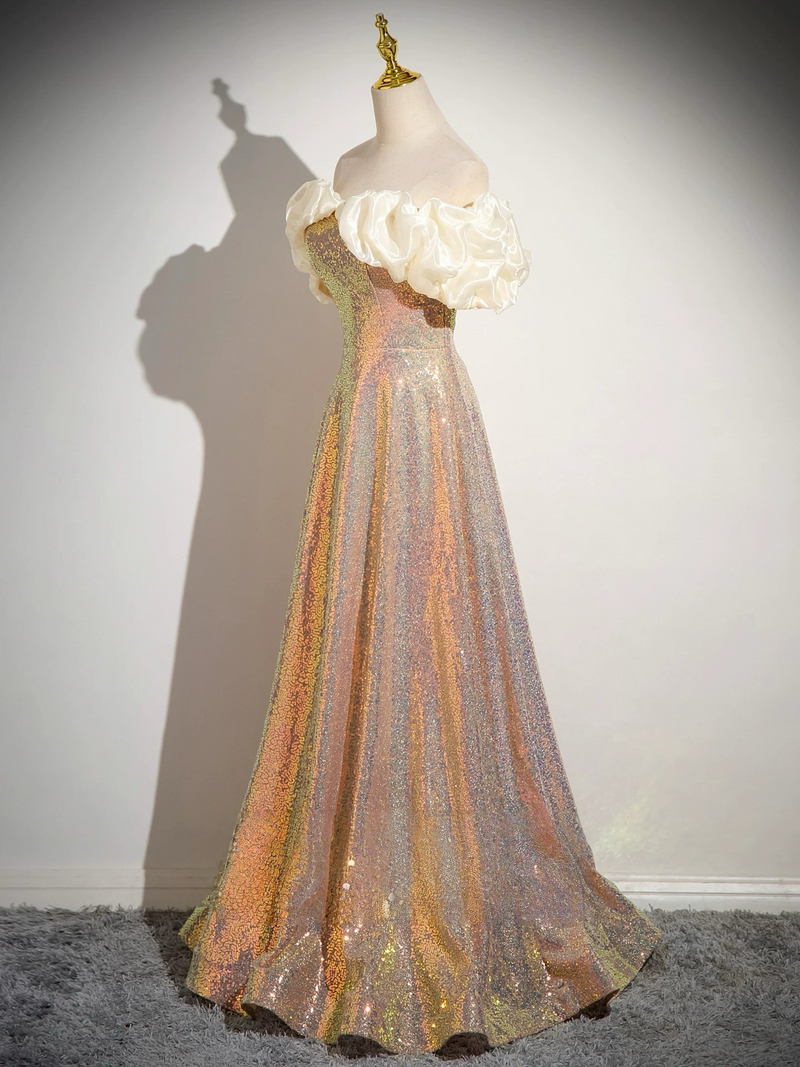 Sparkly Sequins Long Prom Dress, A-Line Off the Shoulder Long Graduation Dress US 10 / Gold Sparkly Sequins Long Prom Dress, A-Line Off the Shoulder Long Graduation Dress US 10 / Gold