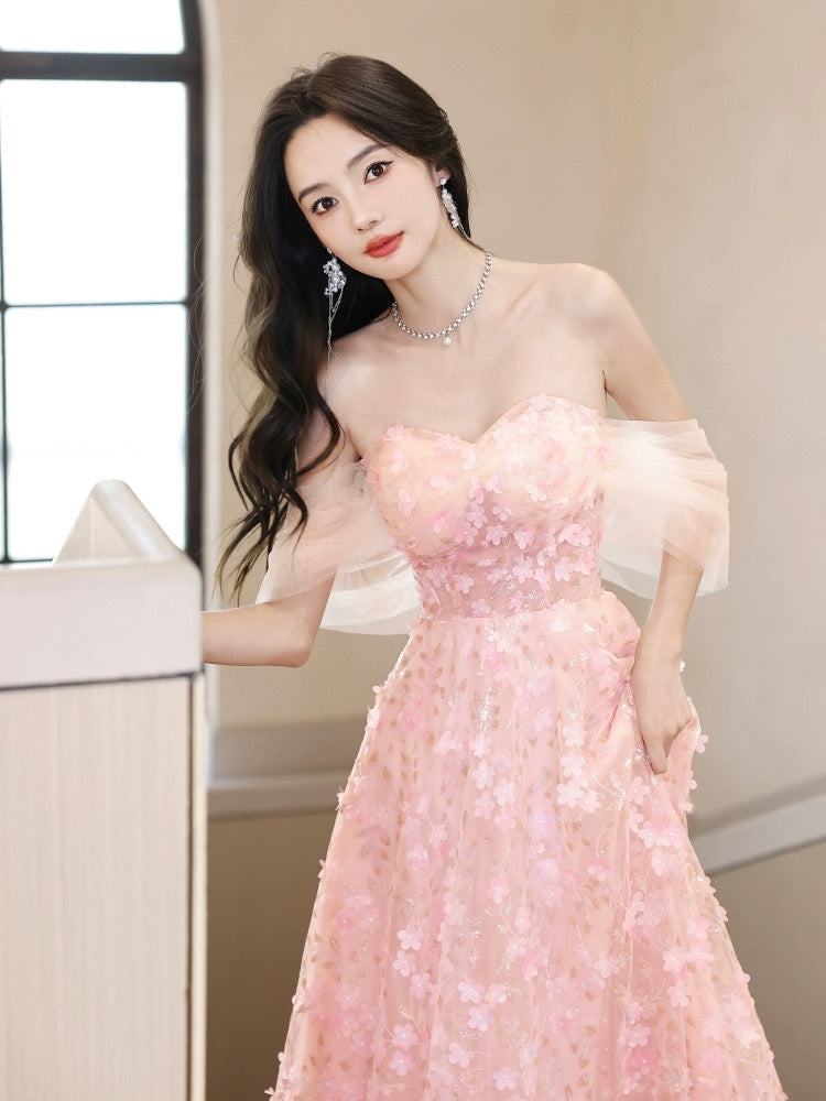 Off the Shoulder Pink Floral Long Prom Dresses, Pink Lace Floral Long Formal Graduation Dresses, US 10 / Pink as Pics / No Rush Off the Shoulder Pink Floral Long Prom Dresses, Pink Lace Floral Long Formal Graduation Dresses, US 10 / Pink as Pics / No Rush