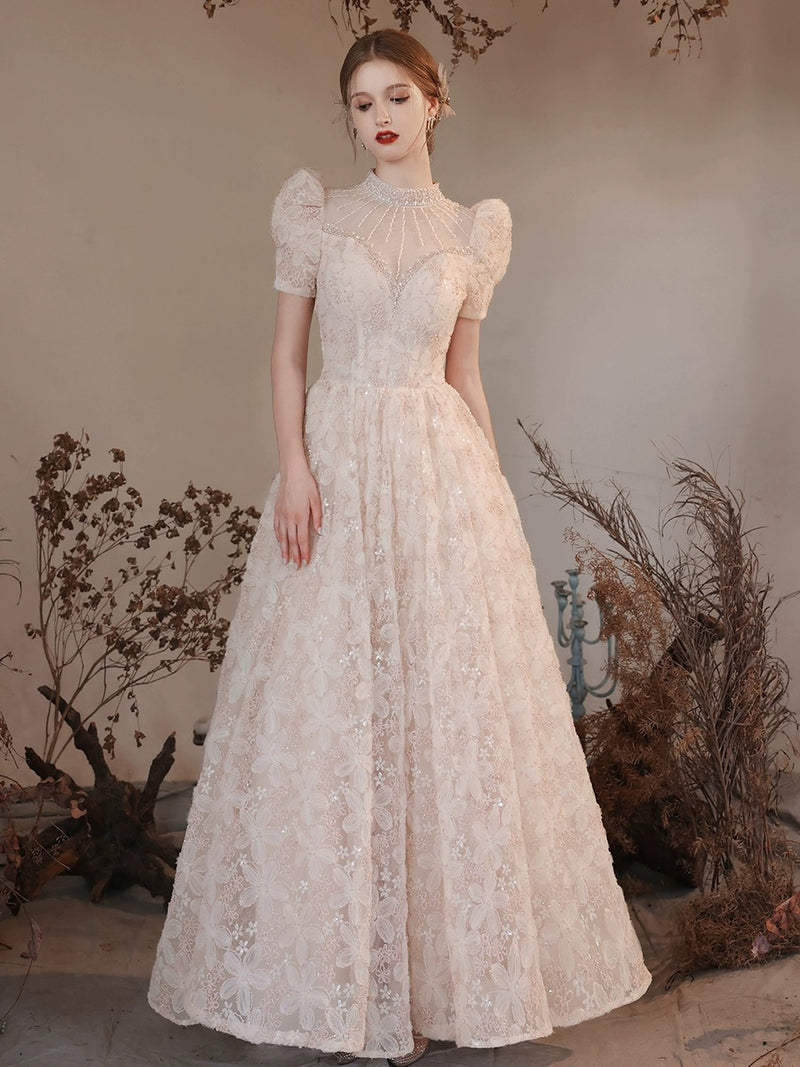 Elegant High Neck Long A Line Princess Dresses, Beautiful Beading Pearl Sequins Light Pink Prom Dresses US 10 / Custom Color Elegant High Neck Long A Line Princess Dresses, Beautiful Beading Pearl Sequins Light Pink Prom Dresses US 10 / Custom Color