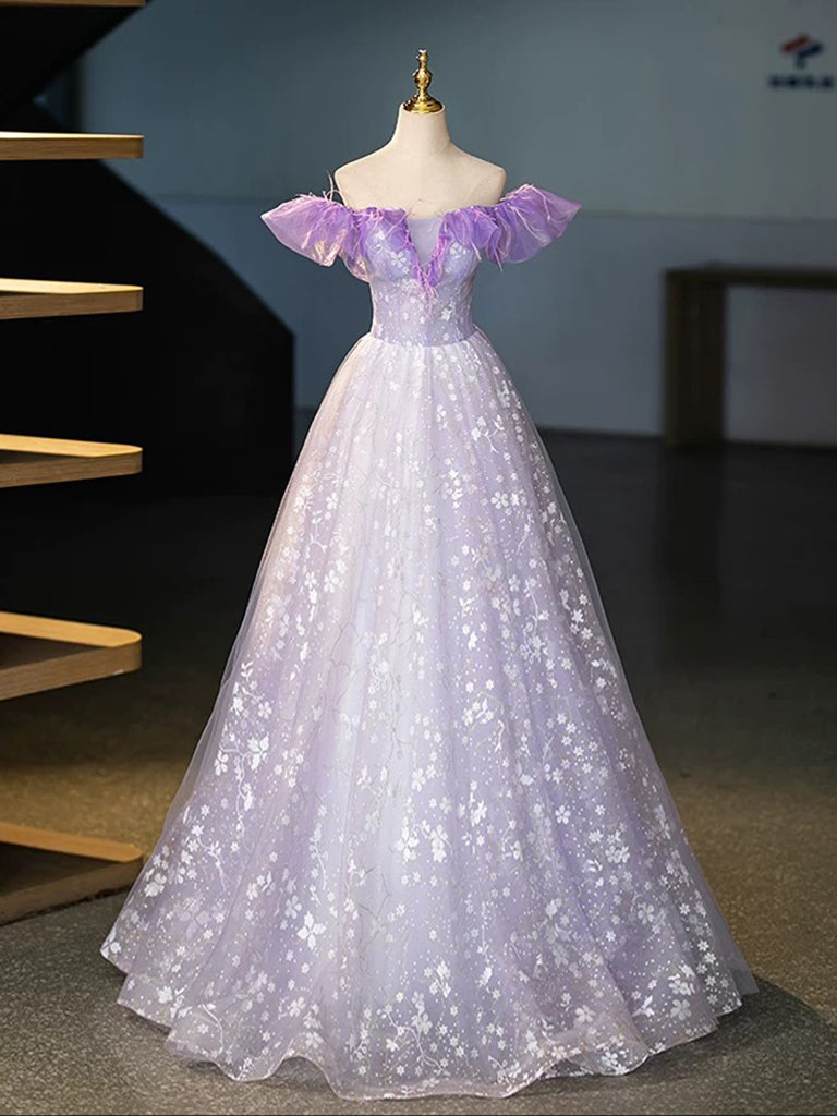 A-Line Off Shoulder Tulle Lace Purple Long Prom Dress, Purple Long For shopluu A-Line Off Shoulder Tulle Lace Purple Long Prom Dress, Purple Long For shopluu