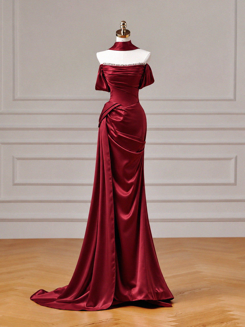 Mermaid Off Shoulder Satin Long Burgundy Prom Dress with Beads