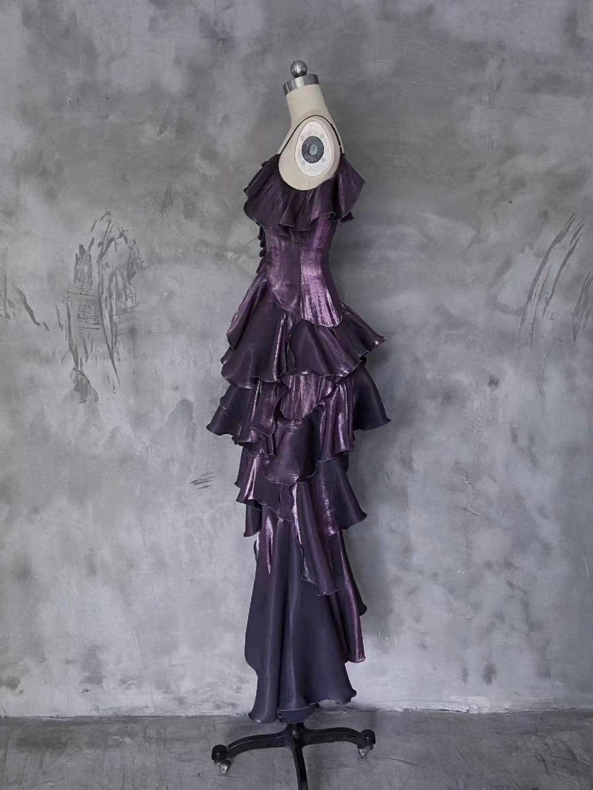 A-line Off Shoulder Silk Ruffles Purple Prom Dress, Purple Formal Dress