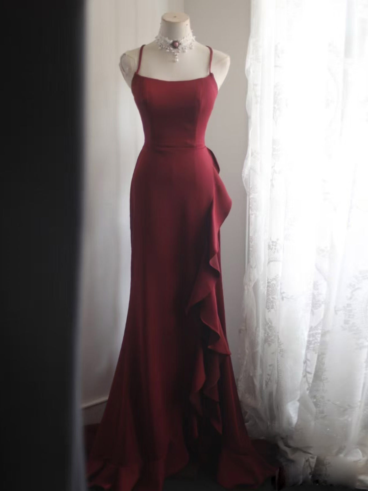A-line Spoon Neck Ruffles Burgundy Long Prom Dress, Burgundy Party Dress