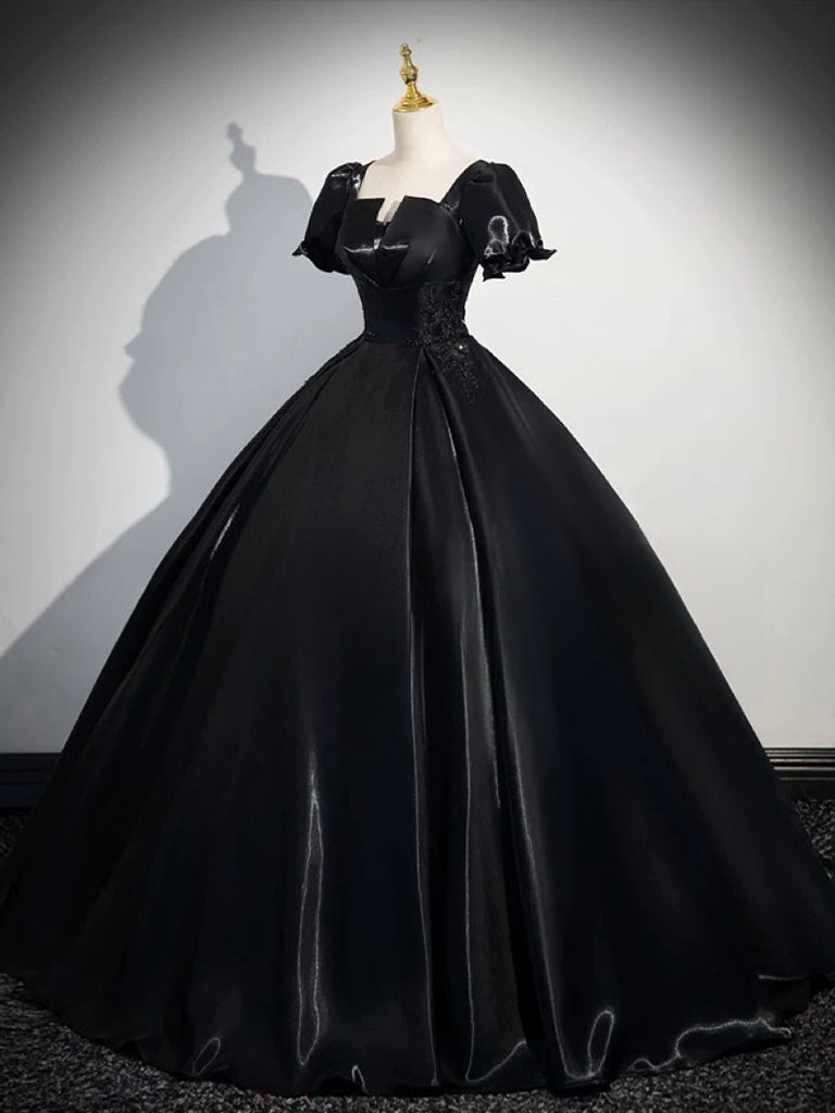Black Satin Lace Long Prom Dress, Elegant A-Line Short Sleeve Evening Party Gown US 16 / Black Black Satin Lace Long Prom Dress, Elegant A-Line Short Sleeve Evening Party Gown US 16 / Black