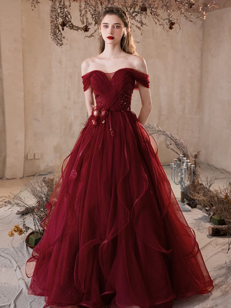 Off the Shoulder Burgundy Tulle Floral Prom Dresses, Wine Red Tulle Floral Formal Evening Dresses, US 16 / Burgundy as Pics / With Rush+$19.99
