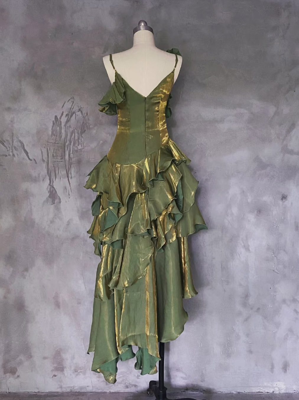 A-line Off Shoulder Silk Ruffles Green Prom Dress, Green Party Dress