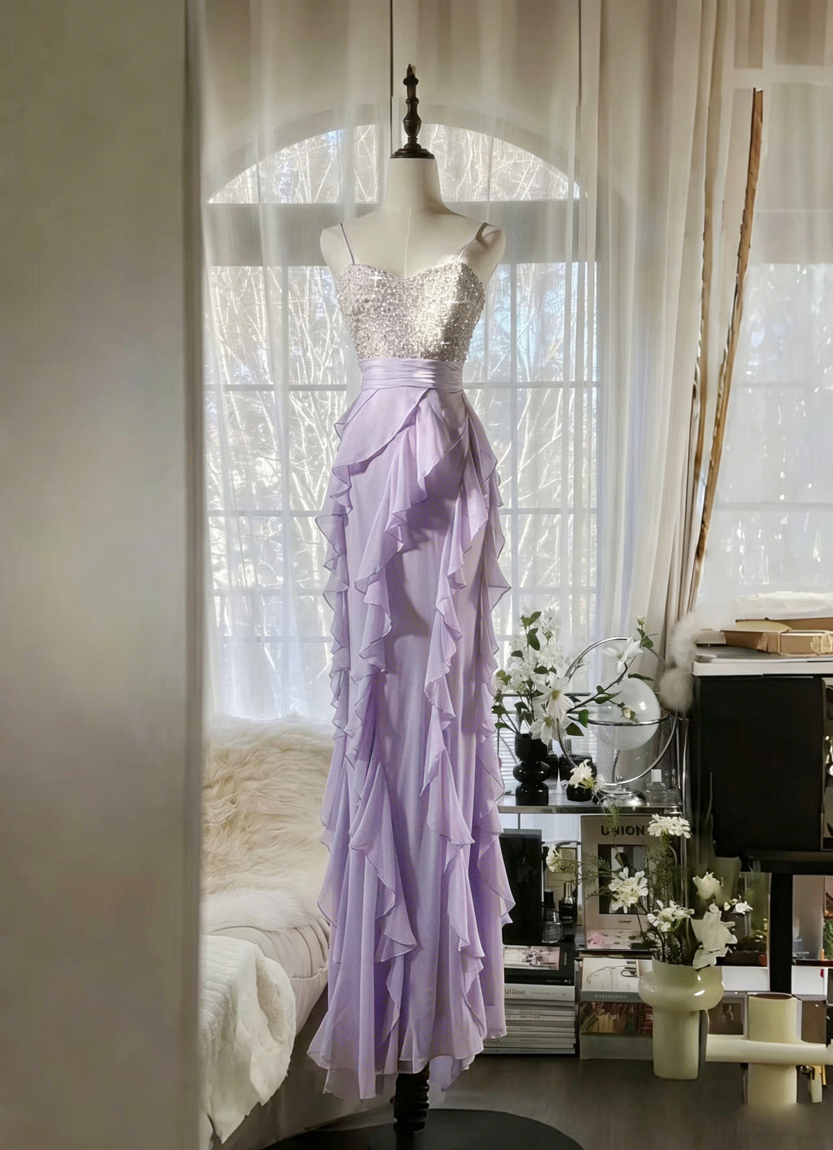 A-line Sweetheart Chiffon Ruffles Long Green Prom Dress with Sequin Beads