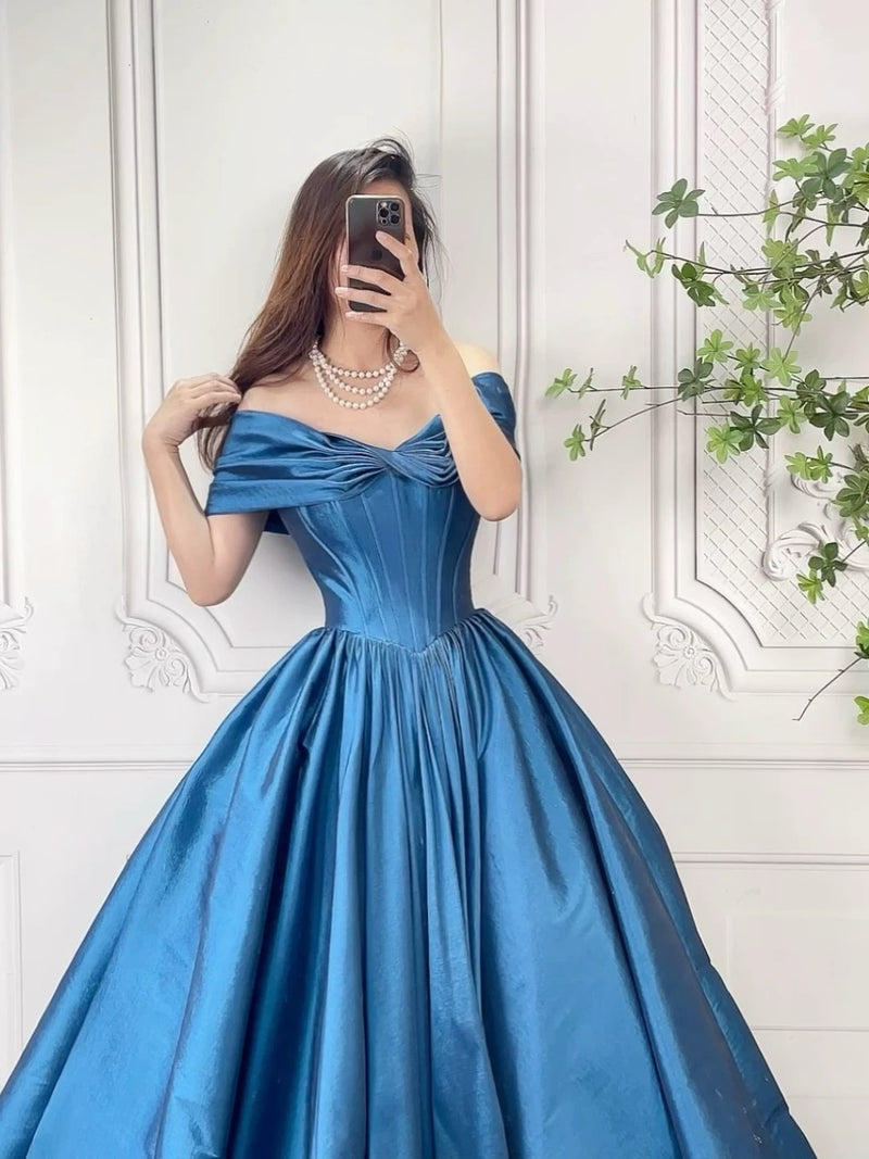 A-Line Off Shoulder Blue Long Prom Dress, Blue Long Formal Dress US 12 / Blue A-Line Off Shoulder Blue Long Prom Dress, Blue Long Formal Dress US 12 / Blue