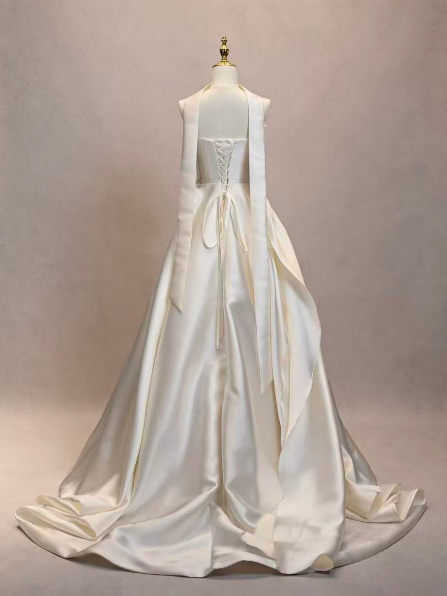 A-line Light Champagne Satin Long Prom Dress