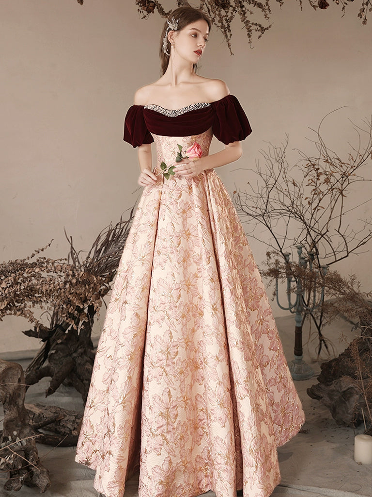 A-Line Pink Satin Velvet Long Prom Dress, Pink Long Formal Dress US 4 / Pink/Burgundy A-Line Pink Satin Velvet Long Prom Dress, Pink Long Formal Dress US 4 / Pink/Burgundy