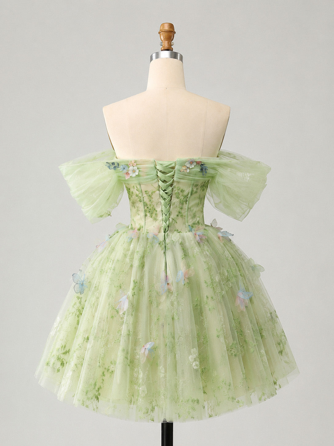 A-line Off Shoulder Tulle Lace Short Green Prom Dress,Cute Homecoming Dres