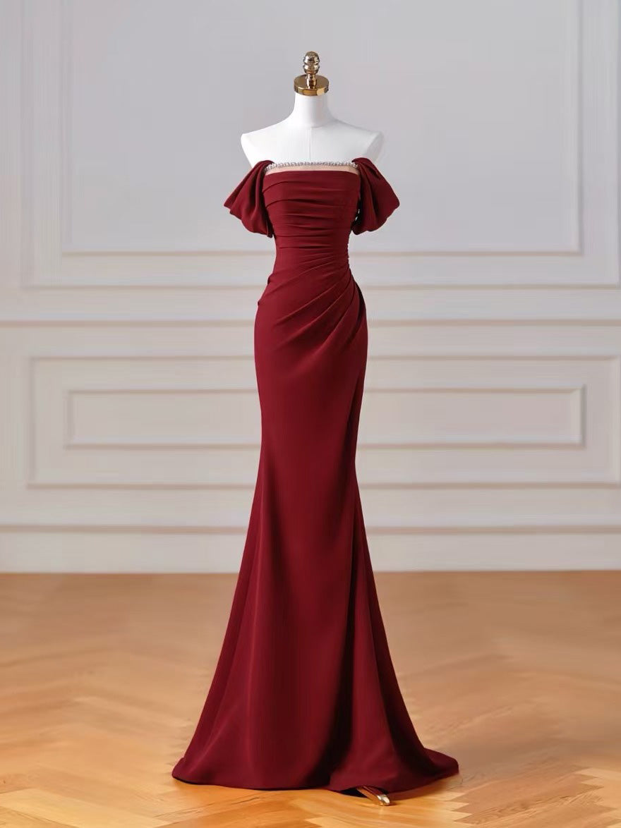 Unique Off Shoulder Tulle Satin Burgundy Long Prom Dress with Beads