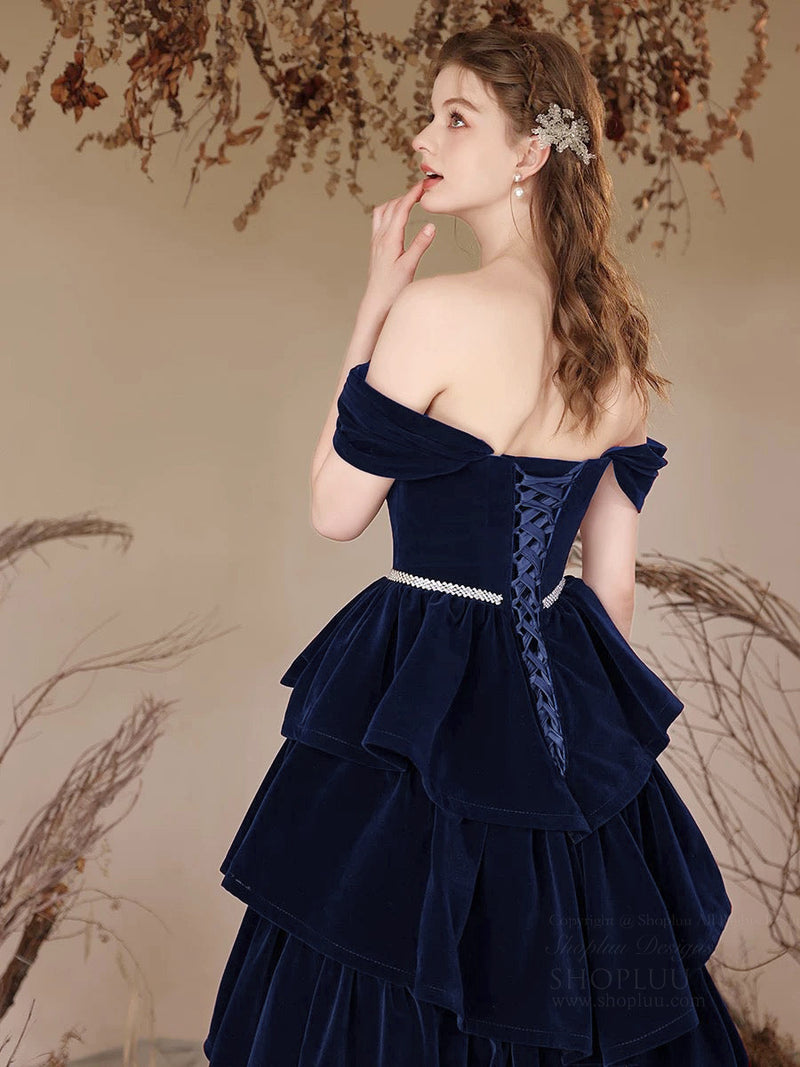 A-Line Off Shoulder Velvet Dark Blue Long Prom Dress, Dark Blue Long F