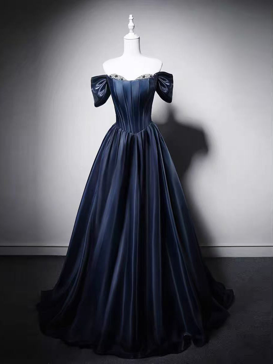 A-line Off Shoulder Sweetheart Neck Satin Long Prom Dress with Sequin