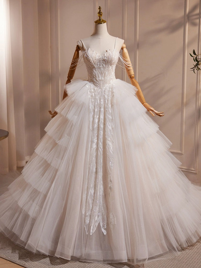 A-Line Sweetheart Neck Tulle Lace Light Champagne Long Wedding Dress with Beads US 14 / Light Champagne A-Line Sweetheart Neck Tulle Lace Light Champagne Long Wedding Dress with Beads US 14 / Light Champagne