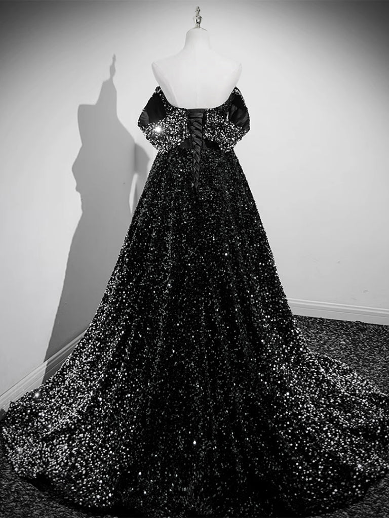 A-Line Velvet Sequin Long Black Prom Dress, Black Long Evening