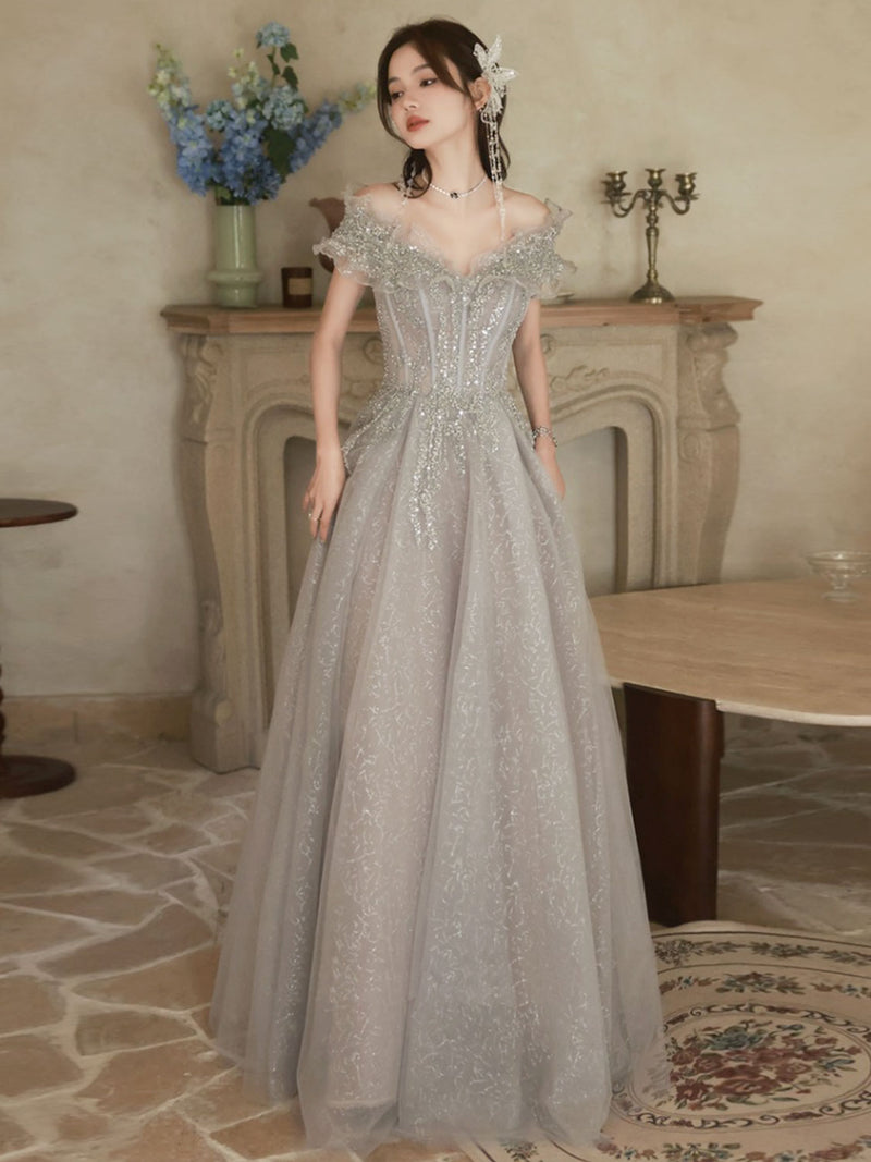 Grey Tulle Sequins Long A-Line Prom Dresses, Off the Shoulder Evening Dresses US 14 / Grey Grey Tulle Sequins Long A-Line Prom Dresses, Off the Shoulder Evening Dresses US 14 / Grey