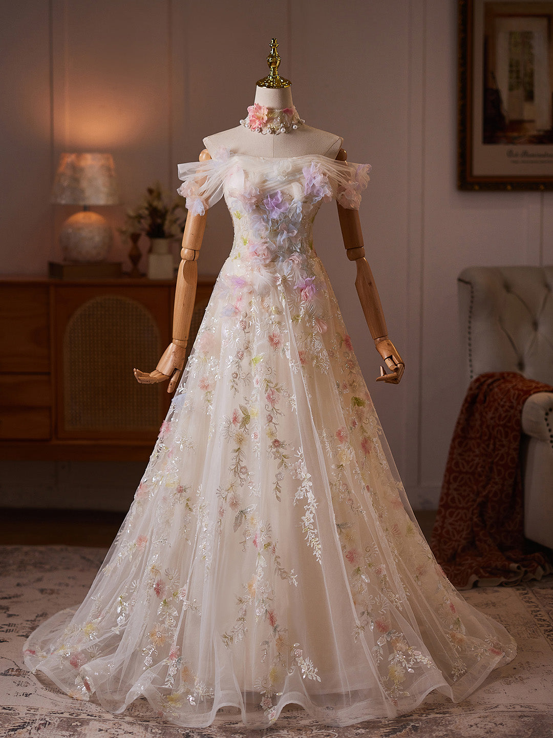 A-line Off Shoulder Tulle Lace Light Champagne Long Prom Dress