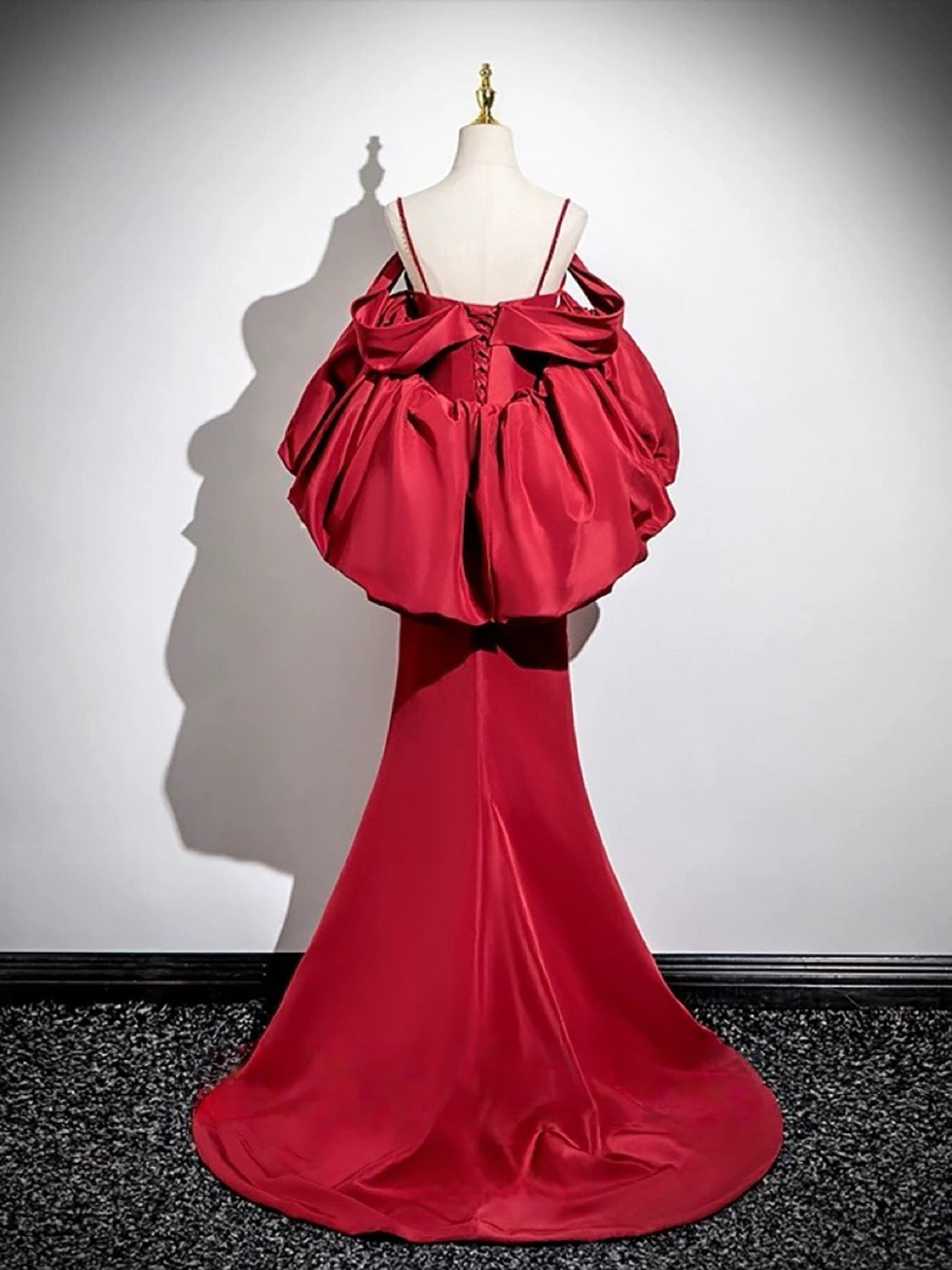 A-line V Neck Satin Puff Sleeves Sweep Train Red Prom Dress