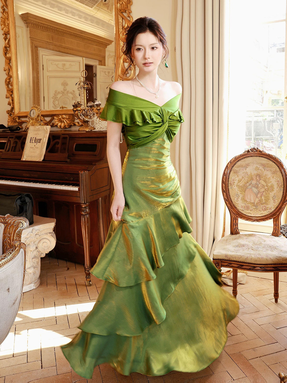 A-line Off Shoulder Off Shoulder Floor Length Light Champagne Prom Dress