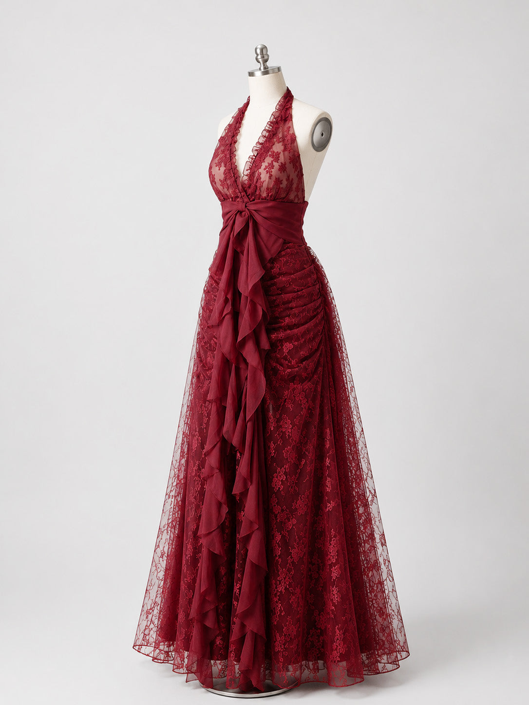 A-line V Neck Tulle Lace Floor Length Burgundy Long Prom Dress