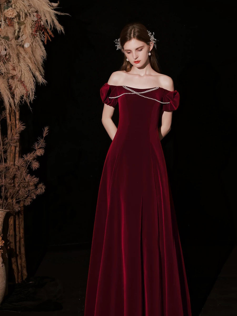 Simple A-Line Velvet Floor Length Burgundy Prom Dress with Beads