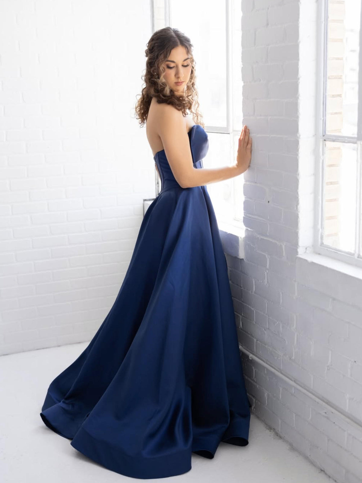 Simple A-Line Satin Dark Blue Long Prom Dress with Bow