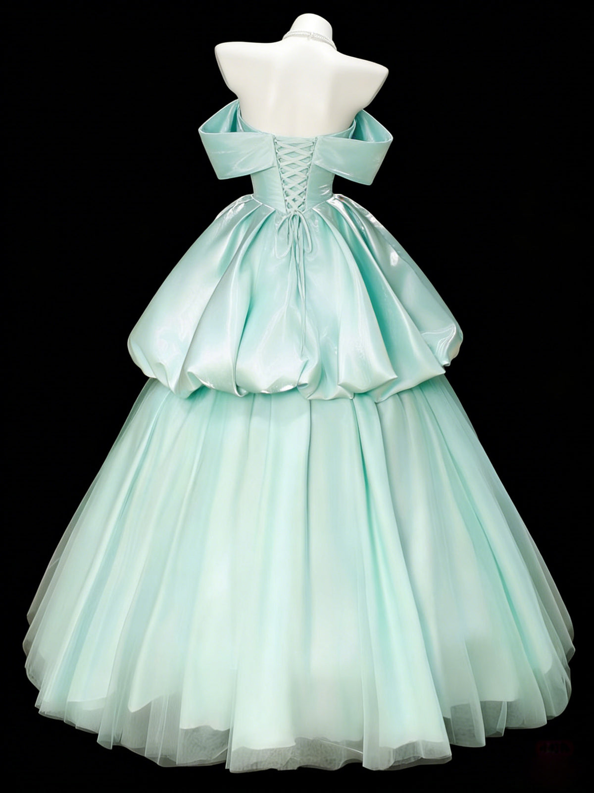 A-Line Sweetheart Neck Off Shoulder Tulle Satin Mint Green Long Prom Dress