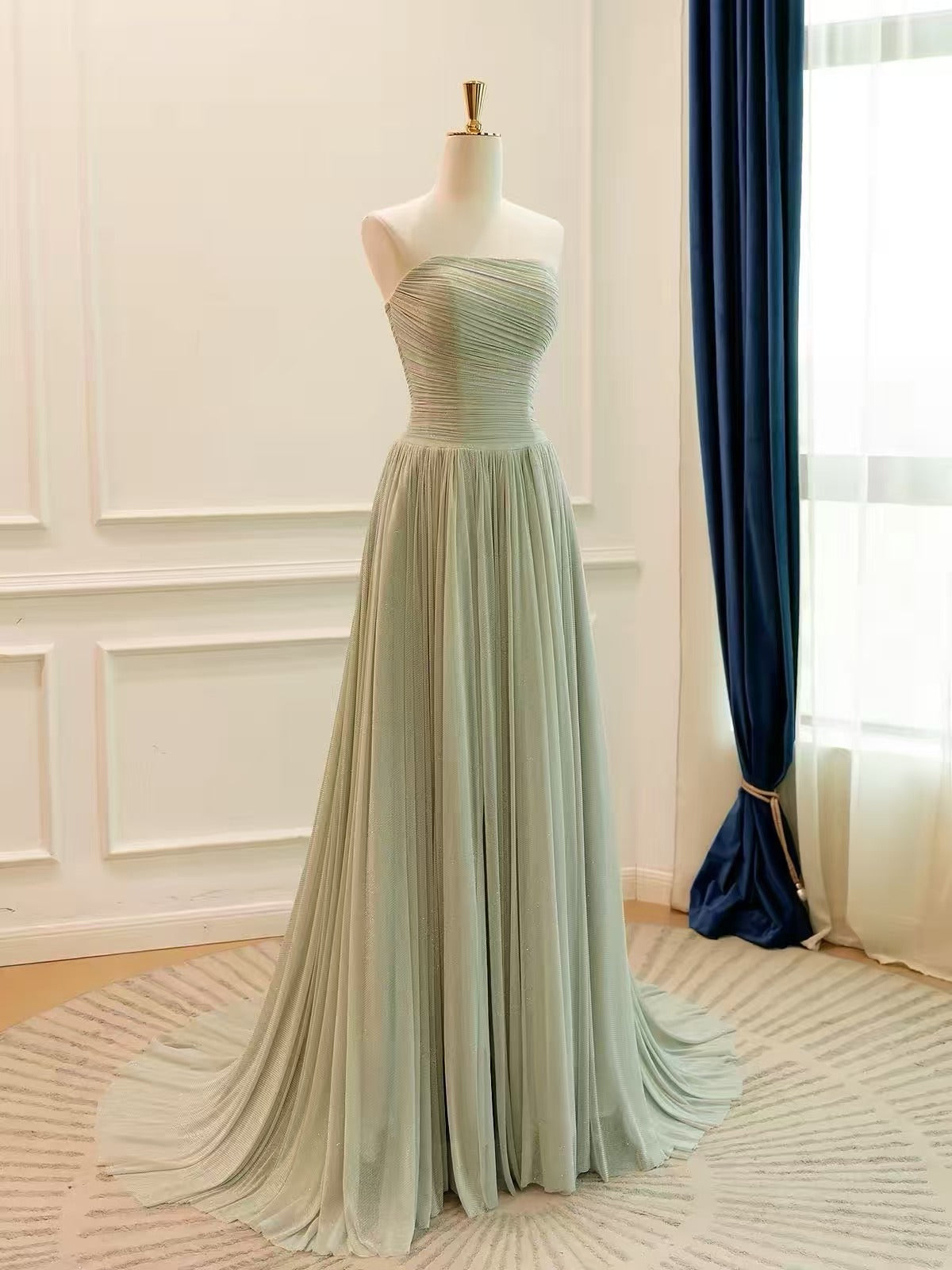 Sage Green Strapless Pleated A-Line Prom Dress with Ruched Bodice and Sweep Train