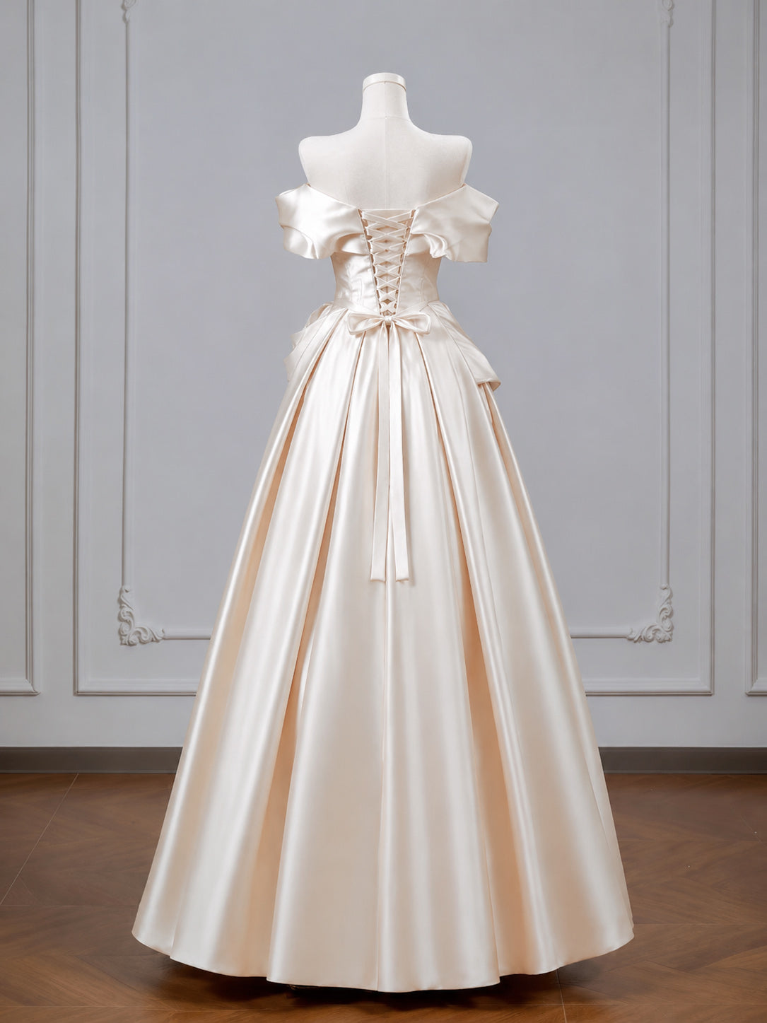 Off Shoulder Satin Floor Length Champagne Long Prom Dress with Beads