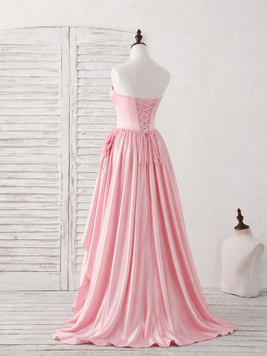 A-line Satin Floor Length Pink Long Prom Dress with Flower Beads