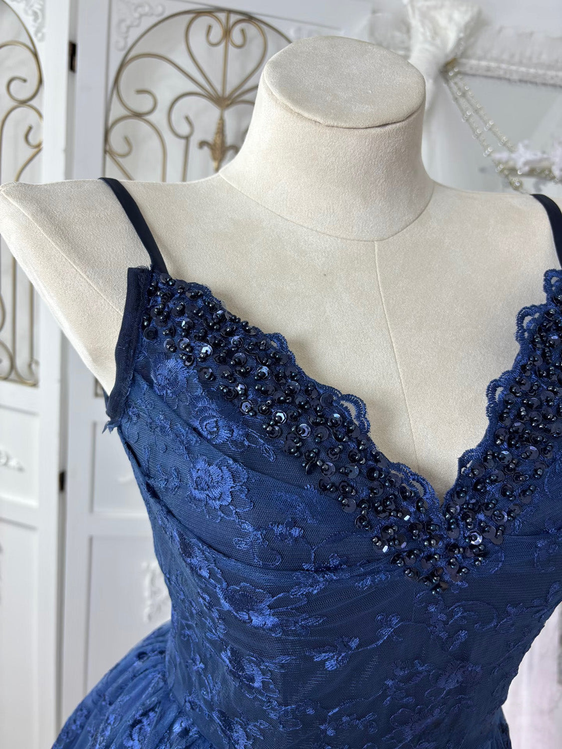 A-Line V Neck High Low Lace Dark Blue Prom Dress with Beads