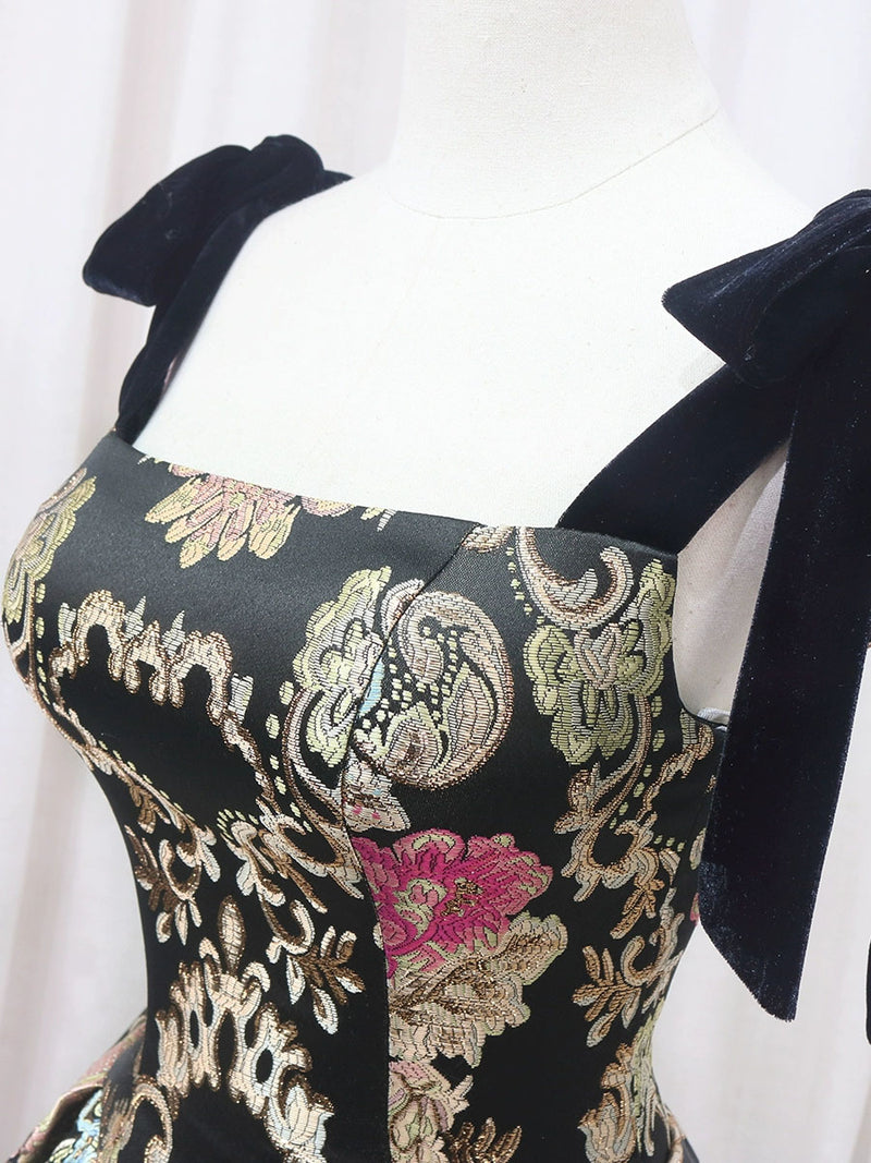 Black Floral Floor Length Prom Dress, A-Line Black Evening Dress US 8 / Black Black Floral Floor Length Prom Dress, A-Line Black Evening Dress US 8 / Black