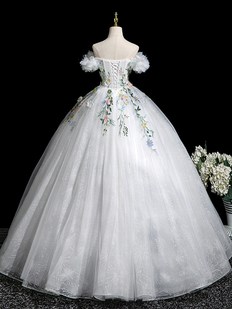 A-Line Tulle Lace White Long Prom Dress, White Long Evening Dress