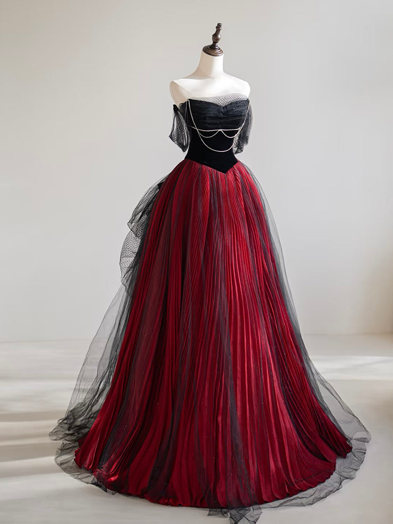 A-Line Off Shoulder Tulle Black/Burgundy Long Prom Dress shopluu A-Line Off Shoulder Tulle Black/Burgundy Long Prom Dress shopluu