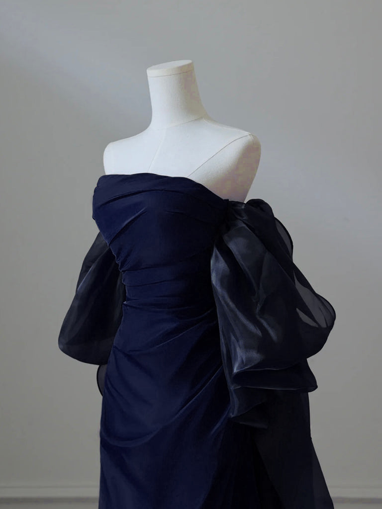 A-Line Satin Dark Blue Long Prom Dress, Dark Blue Long Evening Dress