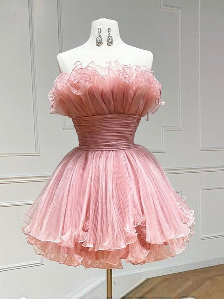 pink tulle mini dress Glitter Blushing A-Line Straps Wedding Guest Dress, Blushing_Pink / L Elastic back/waist Pink Tulle Short Prom Dress,
