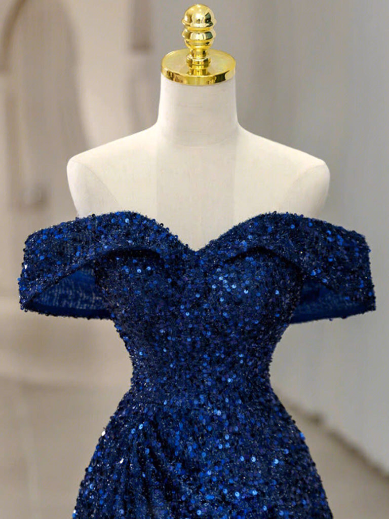 Blue Sequins Long Prom Dress, Off the Shoulder Blue Evening Dress US 12 / Blue Blue Sequins Long Prom Dress, Off the Shoulder Blue Evening Dress US 12 / Blue