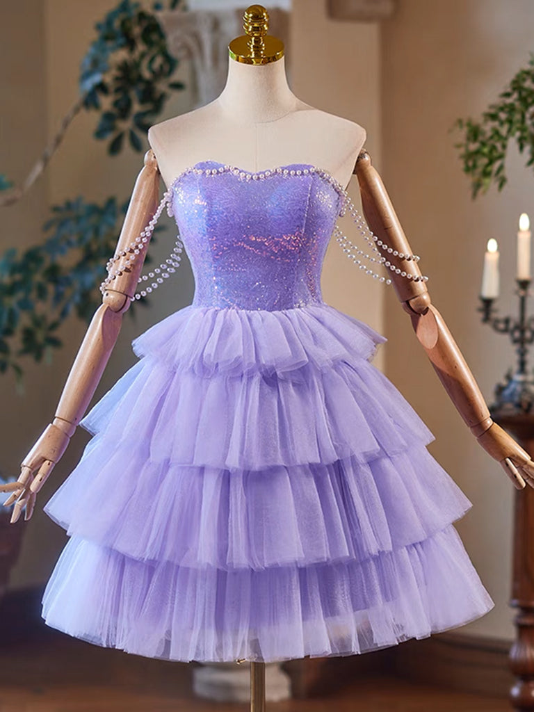 A-Line Tulle and Sequins Short Party Dress, Lavender Strapless Evening Dress US 4 / Lavender A-Line Tulle and Sequins Short Party Dress, Lavender Strapless Evening Dress US 4 / Lavender