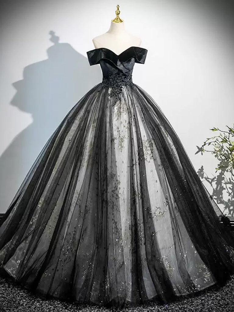 Black Velvet and Tulle Long Formal Dress, A-Line Off the Shoulder Prom Party Dress US 14 / Black Black Velvet and Tulle Long Formal Dress, A-Line Off the Shoulder Prom Party Dress US 14 / Black
