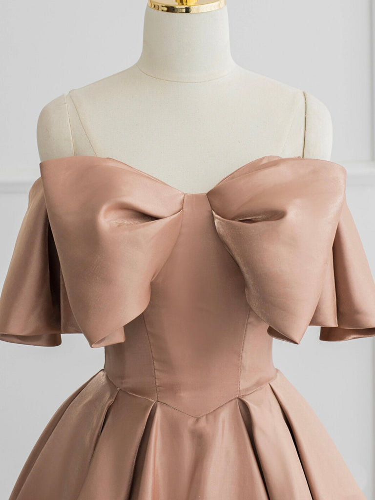 Champagne A-Line Off Shoulder Satin Long Prom Dress, Champagne Formal Dress