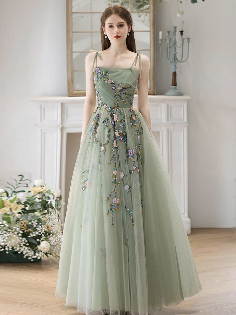 Green Spaghetti Strap Tulle Beads Long Prom Dress, Beautiful A-Line Party Dress US 8 / Light Green Green Spaghetti Strap Tulle Beads Long Prom Dress, Beautiful A-Line Party Dress US 8 / Light Green
