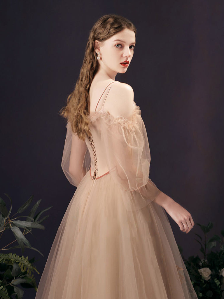 Champagne Tulle A-Line Long Prom Dress, Champagne Formal Dress