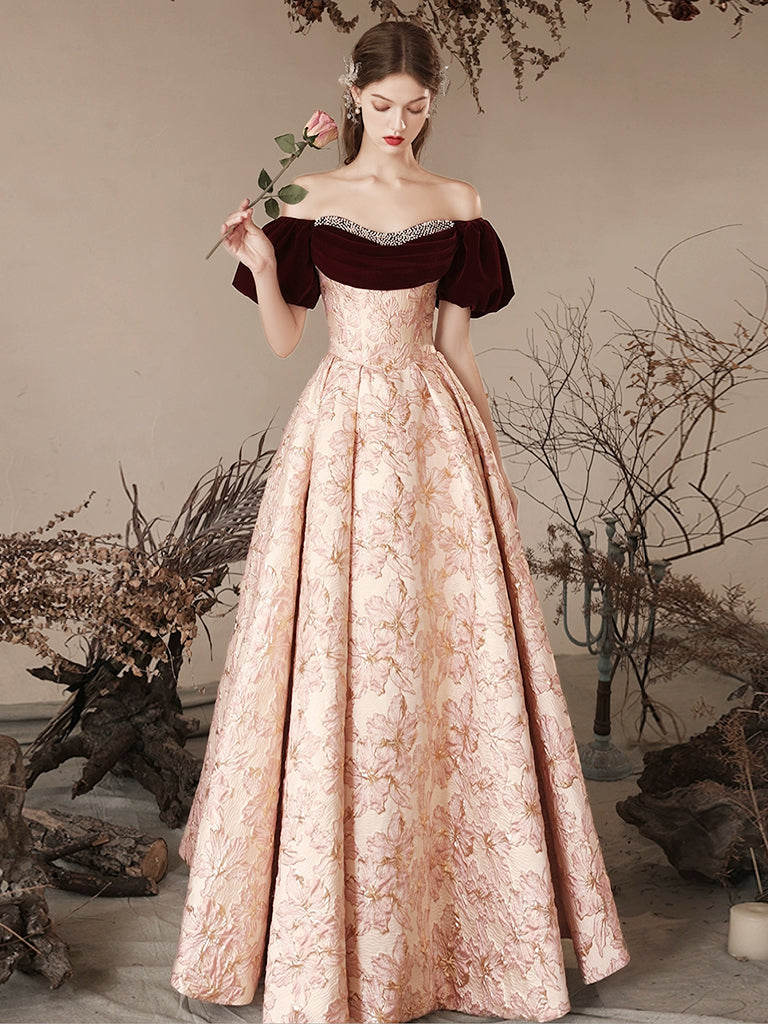 A-Line Pink Satin Velvet Long Prom Dress, Pink Long Formal Dress shopluu A-Line Pink Satin Velvet Long Prom Dress, Pink Long Formal Dress shopluu