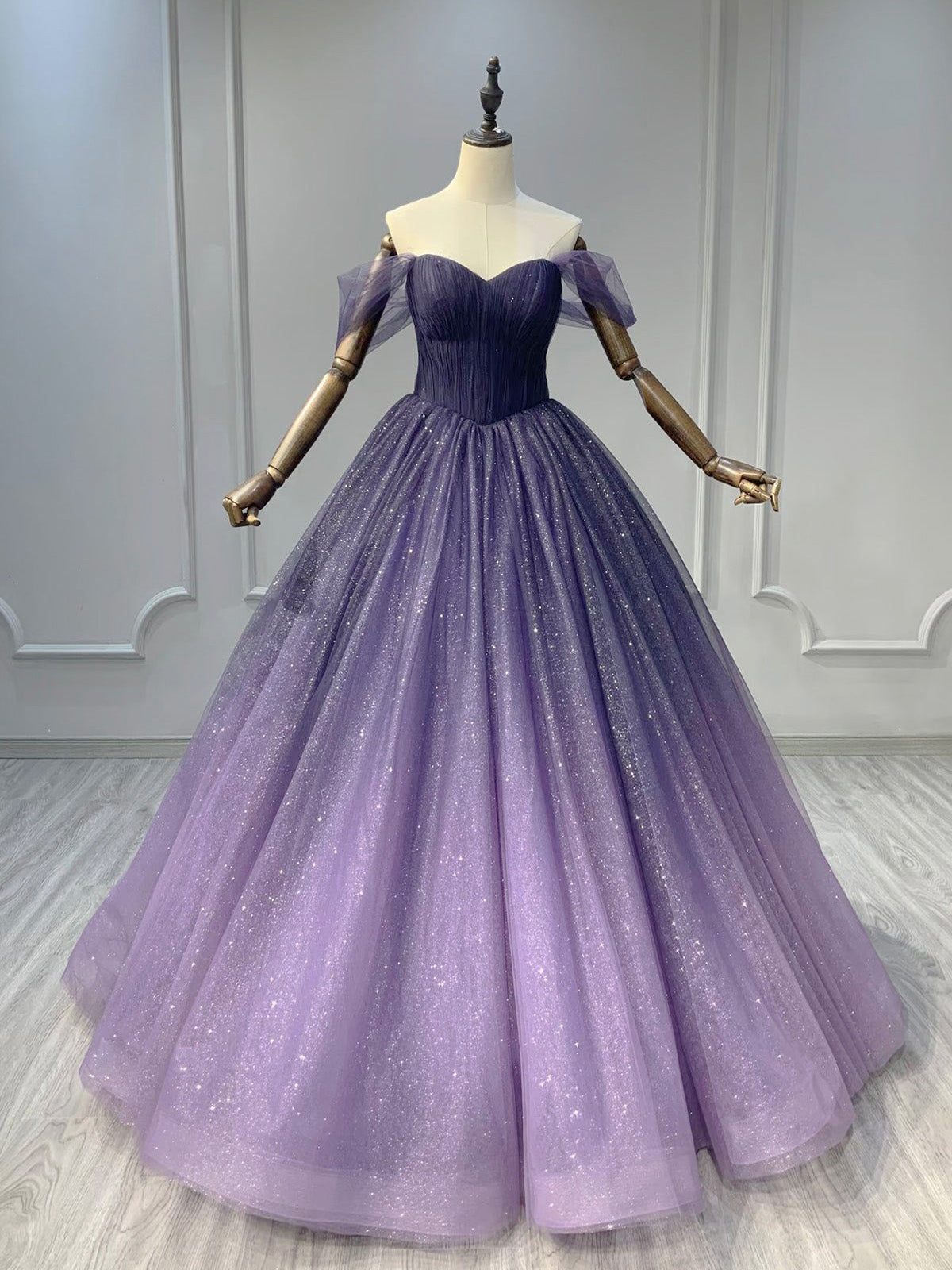 A-line Off Shoulder Sweetheart Shiny Tulle Purple Ball Gown Prom Dress