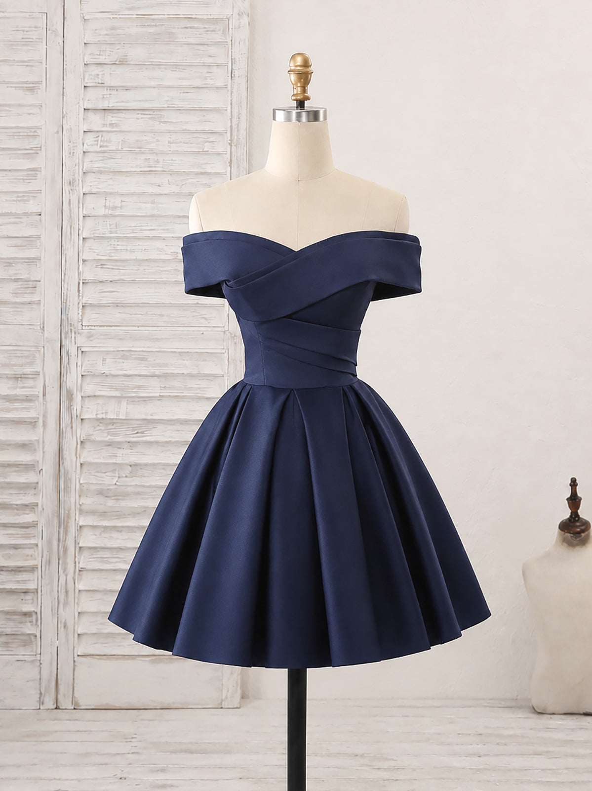 Simple A-line Off Shoulder Satin Dark Blue Short Prom Dress