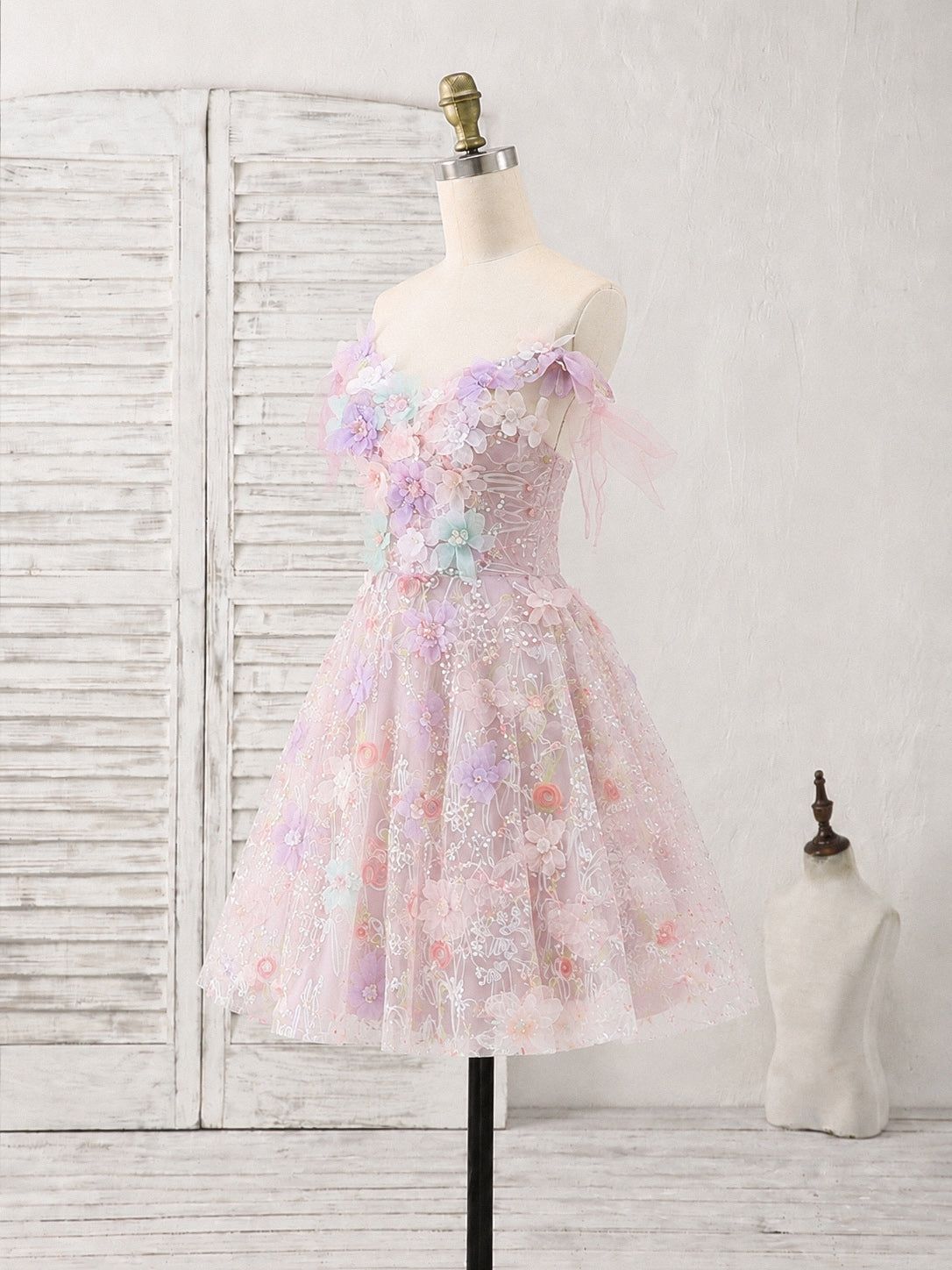 A-line Off Shoulder Tulle Lace Pink Short Prom Dress with Flower