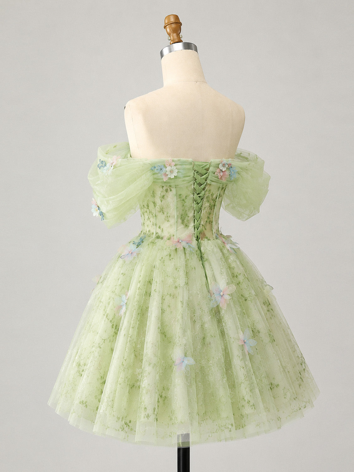 A-line Off Shoulder Tulle Lace Short Green Prom Dress,Cute Homecoming Dres